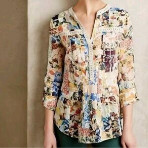 Maeve x Anthropologie Abella Floral Pintuck Patchwork Boho Blouse Top Size 6